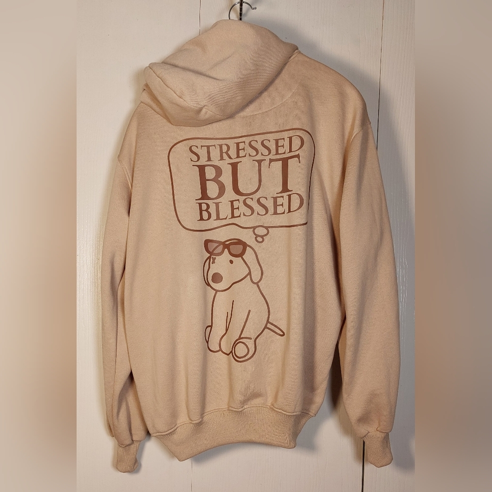 Tan Brown Graphic Dog Printed Pullover Hoodie Size XL Stressed But Blessed Comfy - Picture 9 of 12